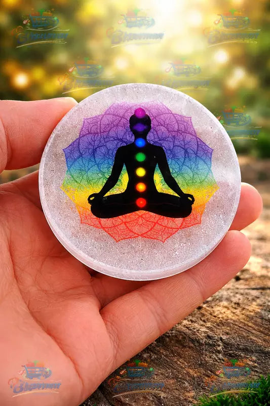 Selenite Charging Plate Coaster with 3D 7 Chakra Symbol