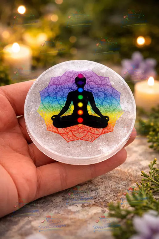 Selenite Charging Plate Coaster with 3D 7 Chakra Symbol