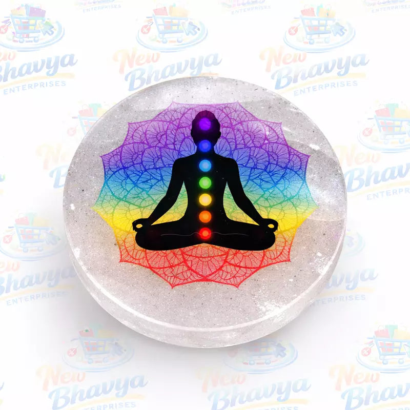 Selenite Charging Plate Coaster with 3D 7 Chakra Symbol